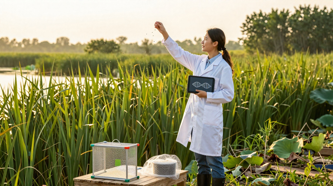 Mulher cientista em bata branca segura tablet e solta insetos em zona húmida com vegetação densa ao entardecer.