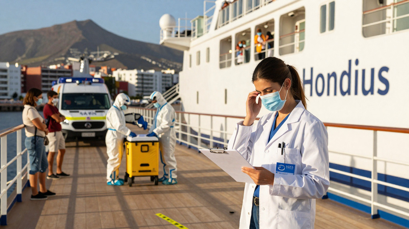 Profissional de saúde de máscara com prancheta em navio, enquanto equipa de proteção transfere material e pessoas aguardam.