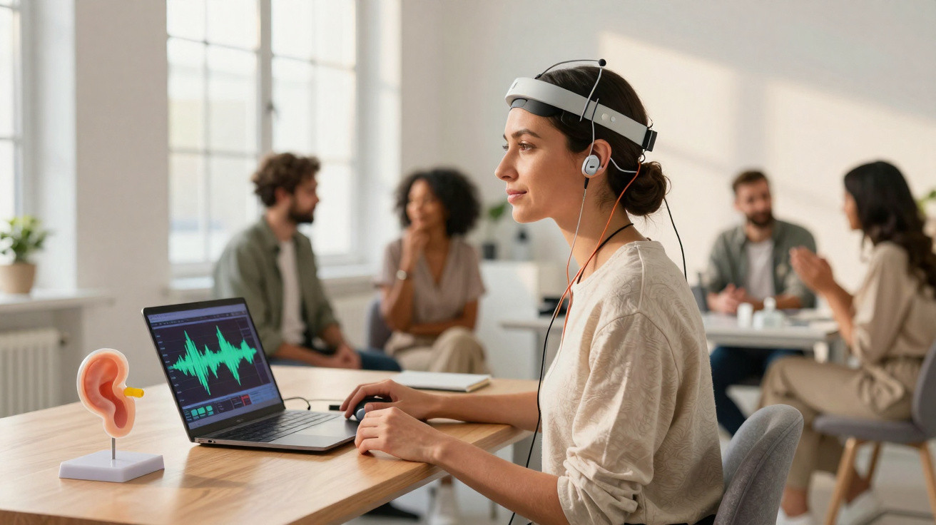 Mulher com aparelho EEG e auscultadores testa ondas cerebrais num laboratório, com três pessoas ao fundo.