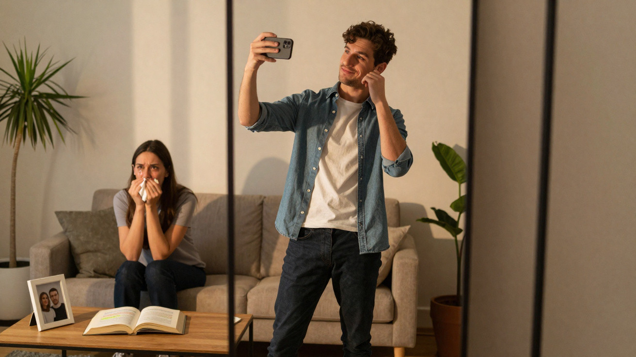 Homem faz selfie sorrindo enquanto mulher sentada no sofá chora com lenço na mão.