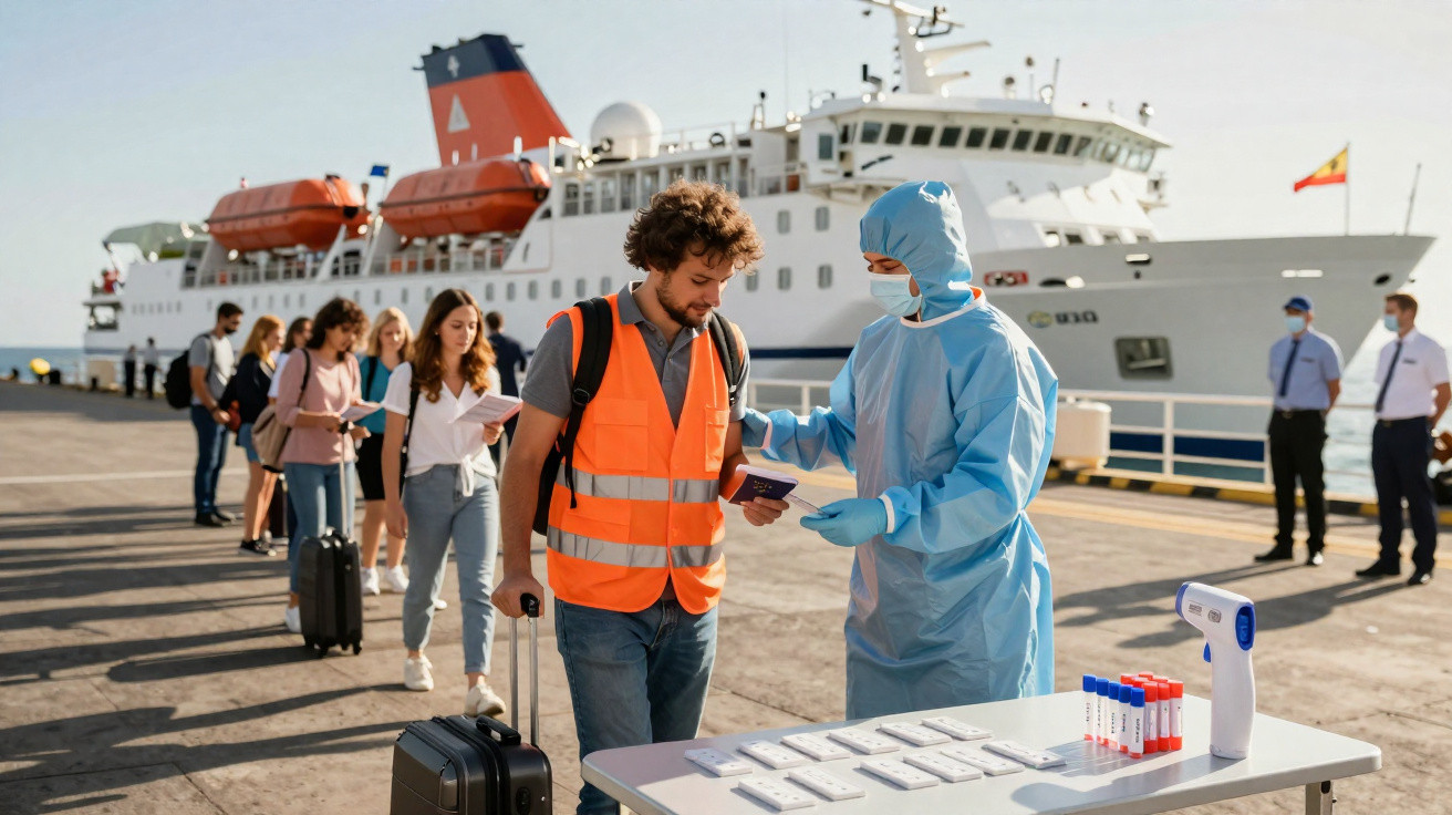 Passageiros fazem controlo de saúde com procedimentos de testagem antes de embarcar num navio.