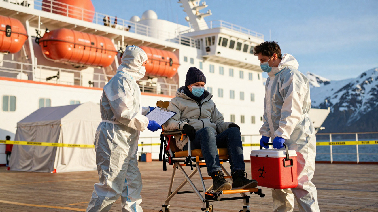 Três pessoas com fatos de proteção e máscaras assistem homem sentado numa cadeira de rodas num convés de navio.