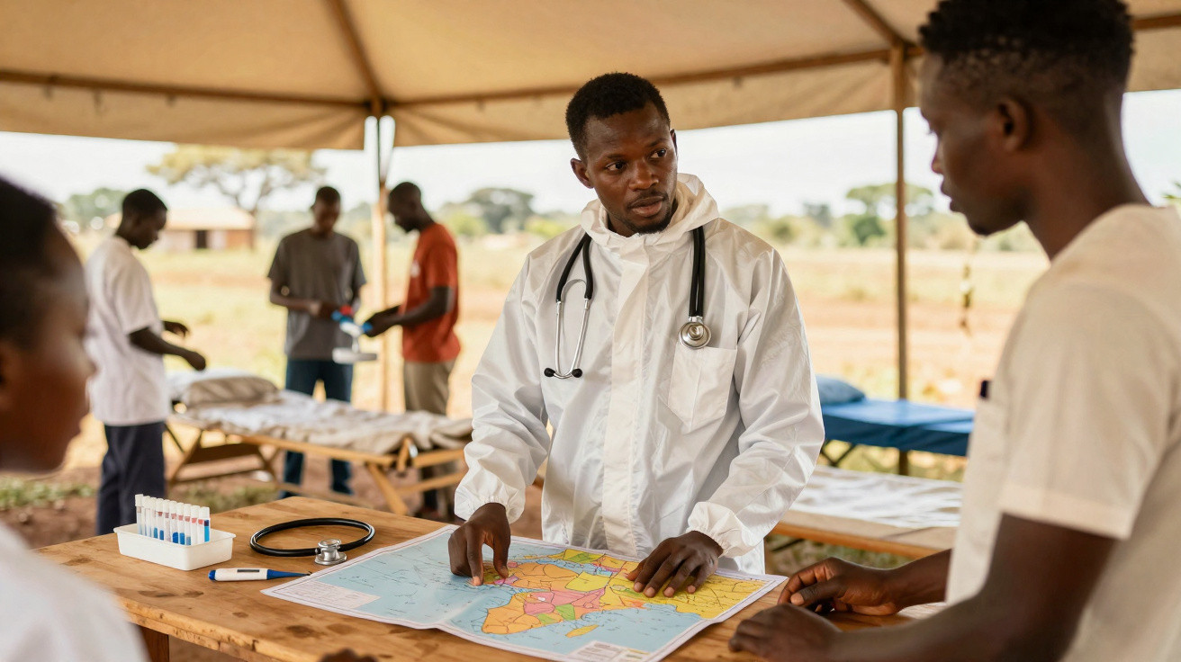 Médico com bata branca e estetoscópio explica mapa a jovens sob tenda em ambiente rural.