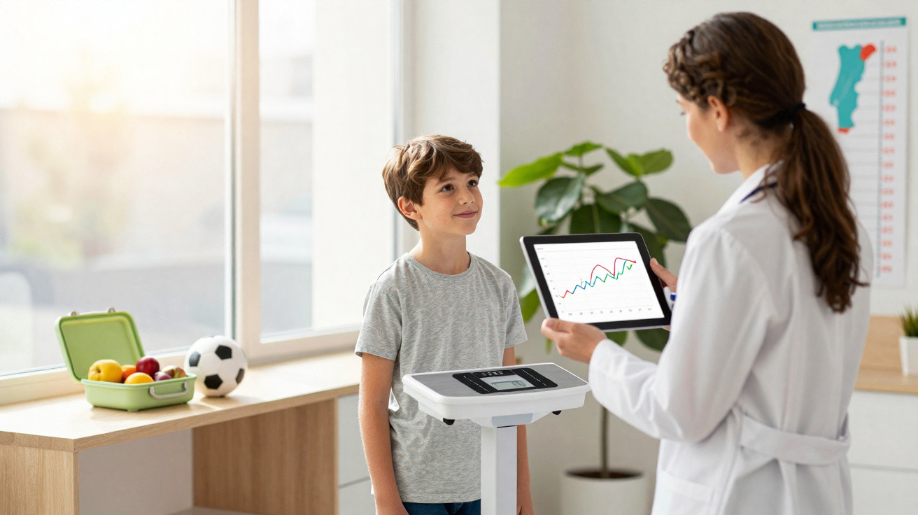 Criança a pesar-se numa balança enquanto médica analisa dados num tablet numa clínica.