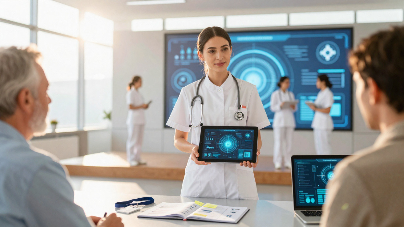 Mulher médica apresenta dados digitais num tablet a dois pacientes numa sala com ecrãs tecnológicos ao fundo.