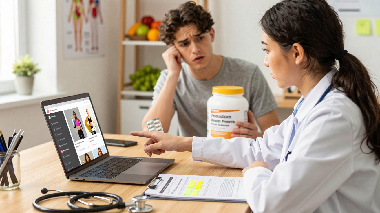 Mulher médica explica suplemento a jovem preocupado durante consulta num consultório moderno.