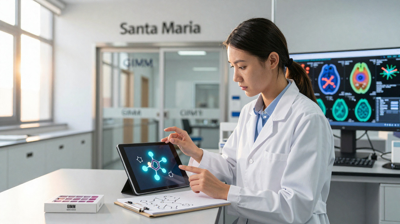 Cientista mulher em bata branca analisa moléculas em tablet num laboratório moderno, com gráficos no ecrã ao fundo.