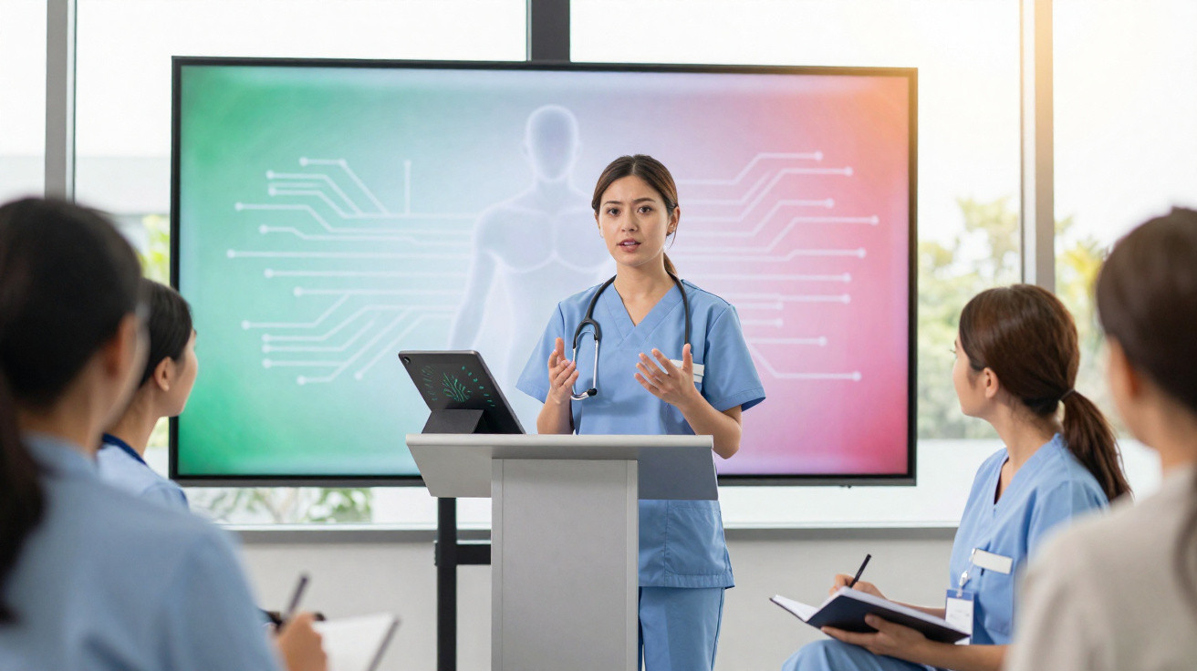Enfermeira a apresentar uma palestra sobre tecnologia médica a colegas numa sala de formação.