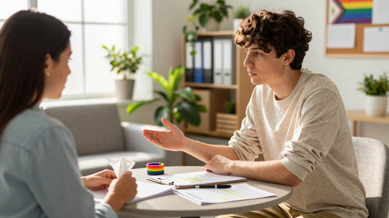 Pessoa a conversar com terapeuta num consultório iluminado com decoração e bandeira arco-íris.