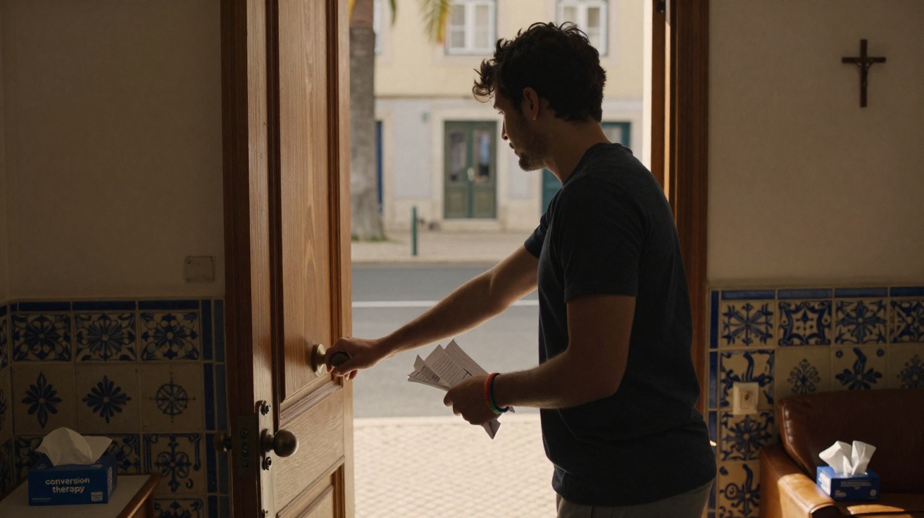 Homem abre porta de madeira numa casa com azulejos tradicionais portugueses na parede.