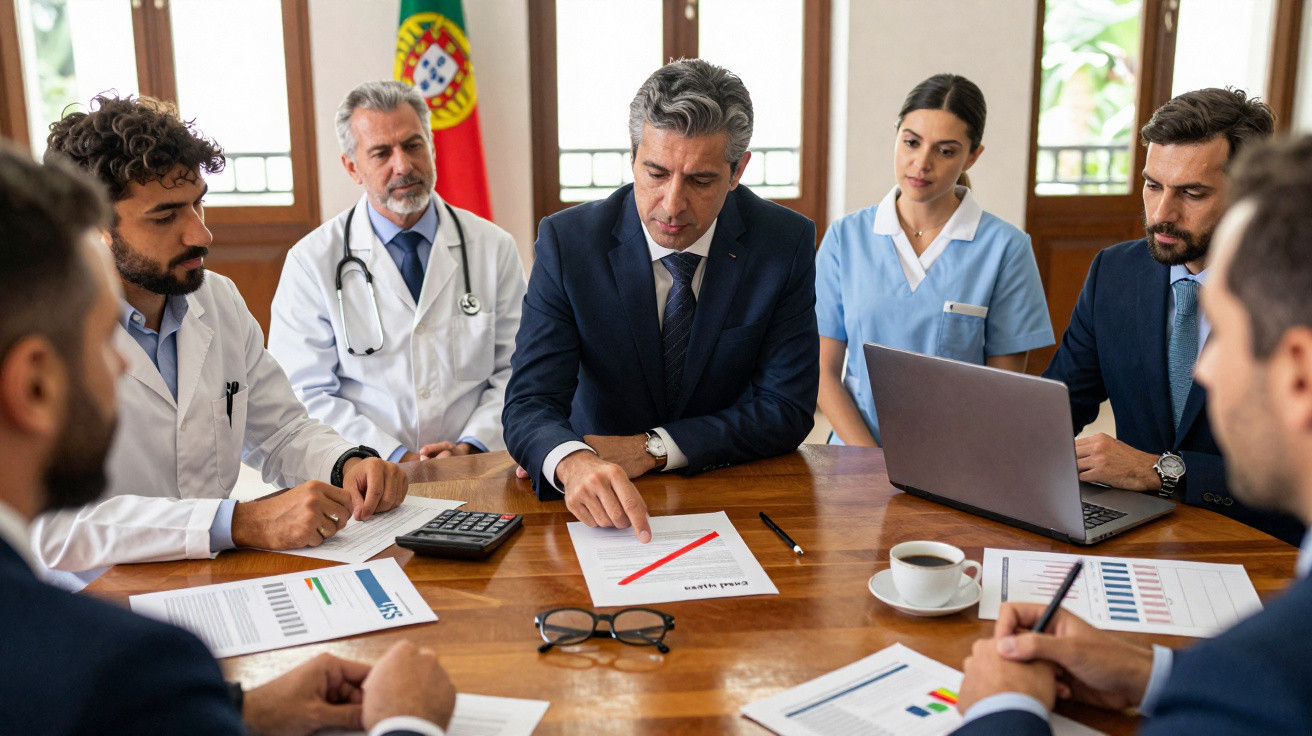 Reunião de profissionais de saúde e negócios a analisar relatórios e gráficos numa mesa de reunião.