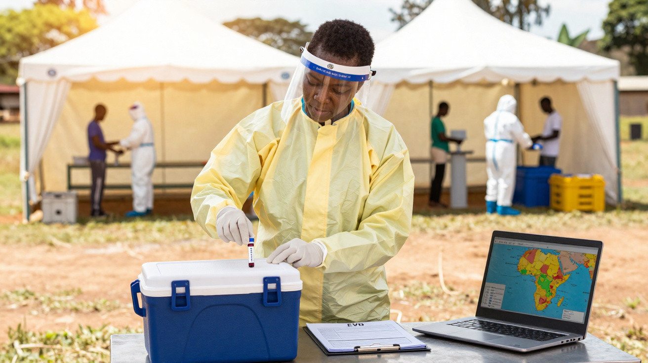 Profissional de saúde em equipamento de proteção manipula amostras em posto de triagem ao ar livre.