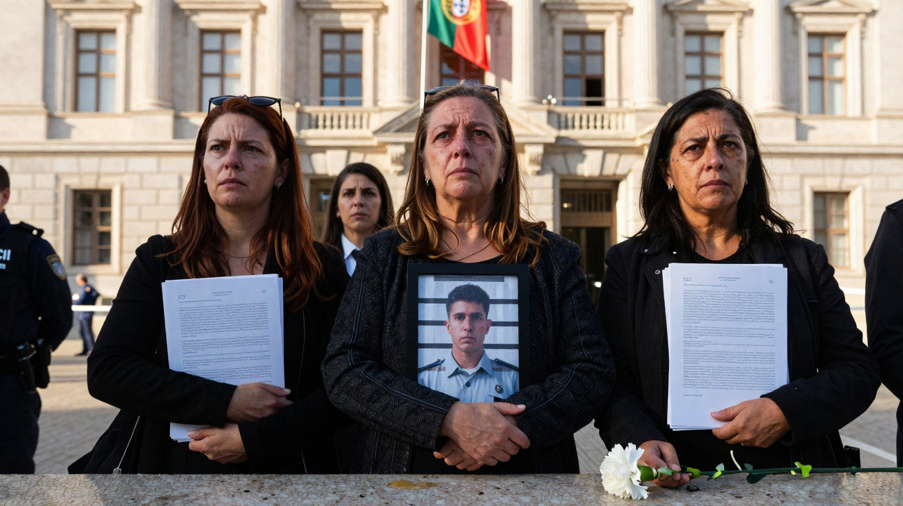 Três mulheres com expressões sérias seguram documentos e fotografia de jovem em manifestação perante edifício oficial.