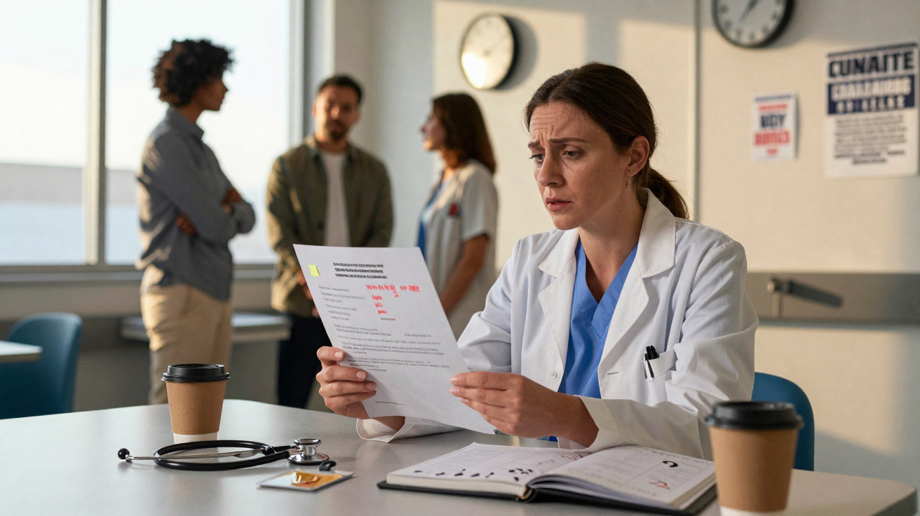 Médica preocupa-se ao analisar um relatório numa sala, enquanto três pessoas conversam ao fundo.