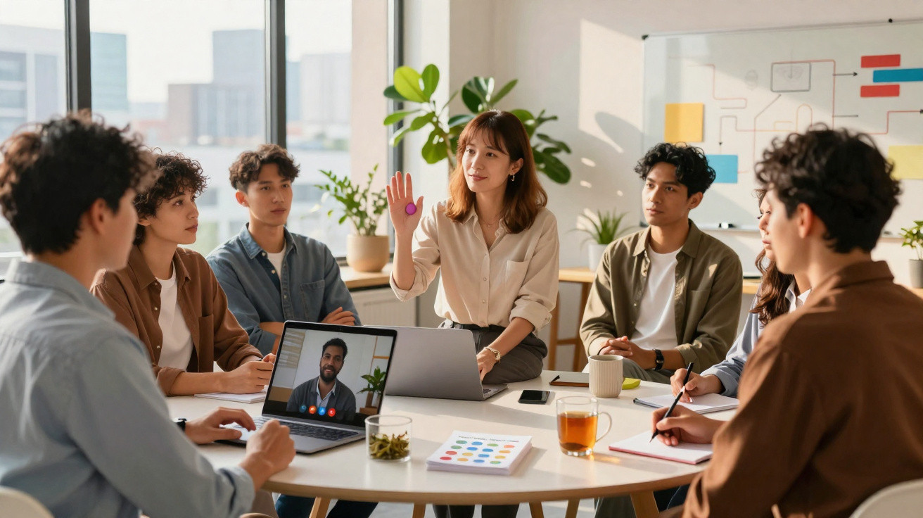 Grupo de jovens em reunião de trabalho com uma pessoa em videoconferência na mesa redonda.