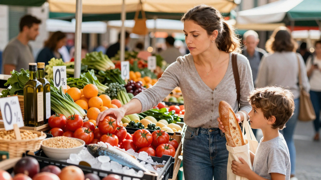 Mulher e criança escolhem tomates frescos num mercado ao ar livre com frutas e verduras coloridas.