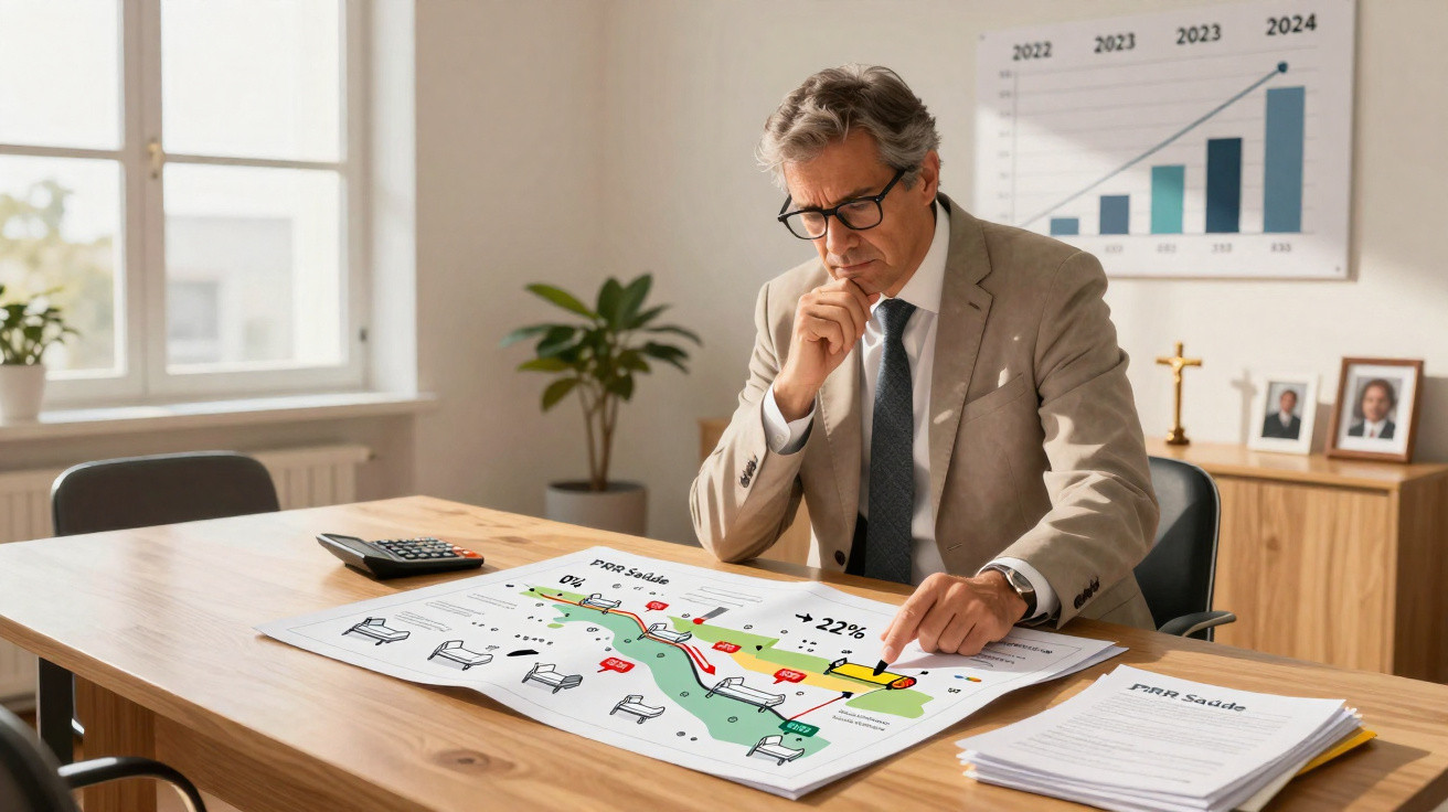 Homem de negócios sentado a analisar mapa de dados e gráficos numa mesa de escritório iluminado.