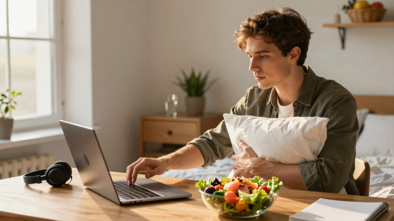 Homem a trabalhar num portátil sentado à mesa com salada e auscultadores ao lado, no quarto.