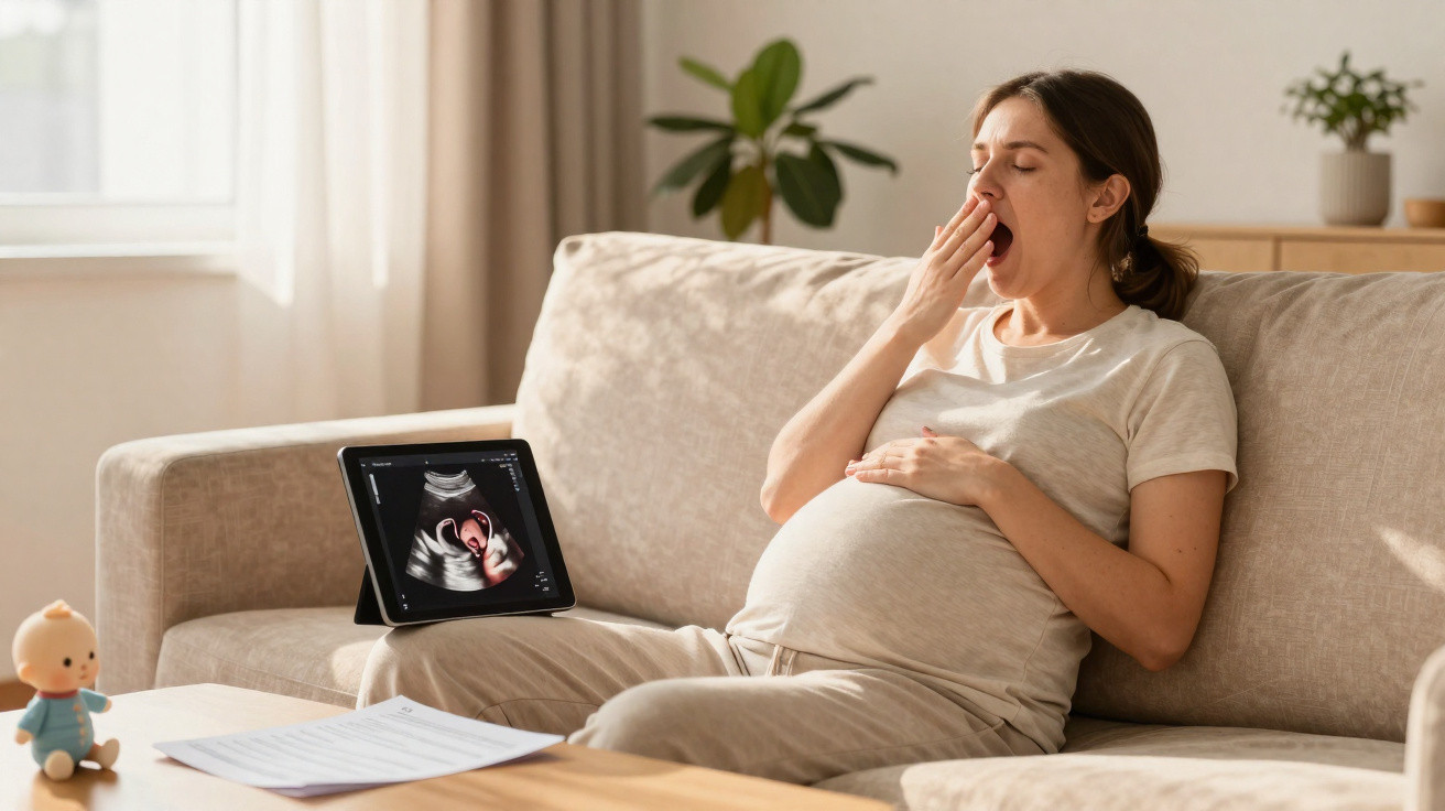 Mulher grávida boceja sentada no sofá com ecografia do bebé num tablet ao seu lado.