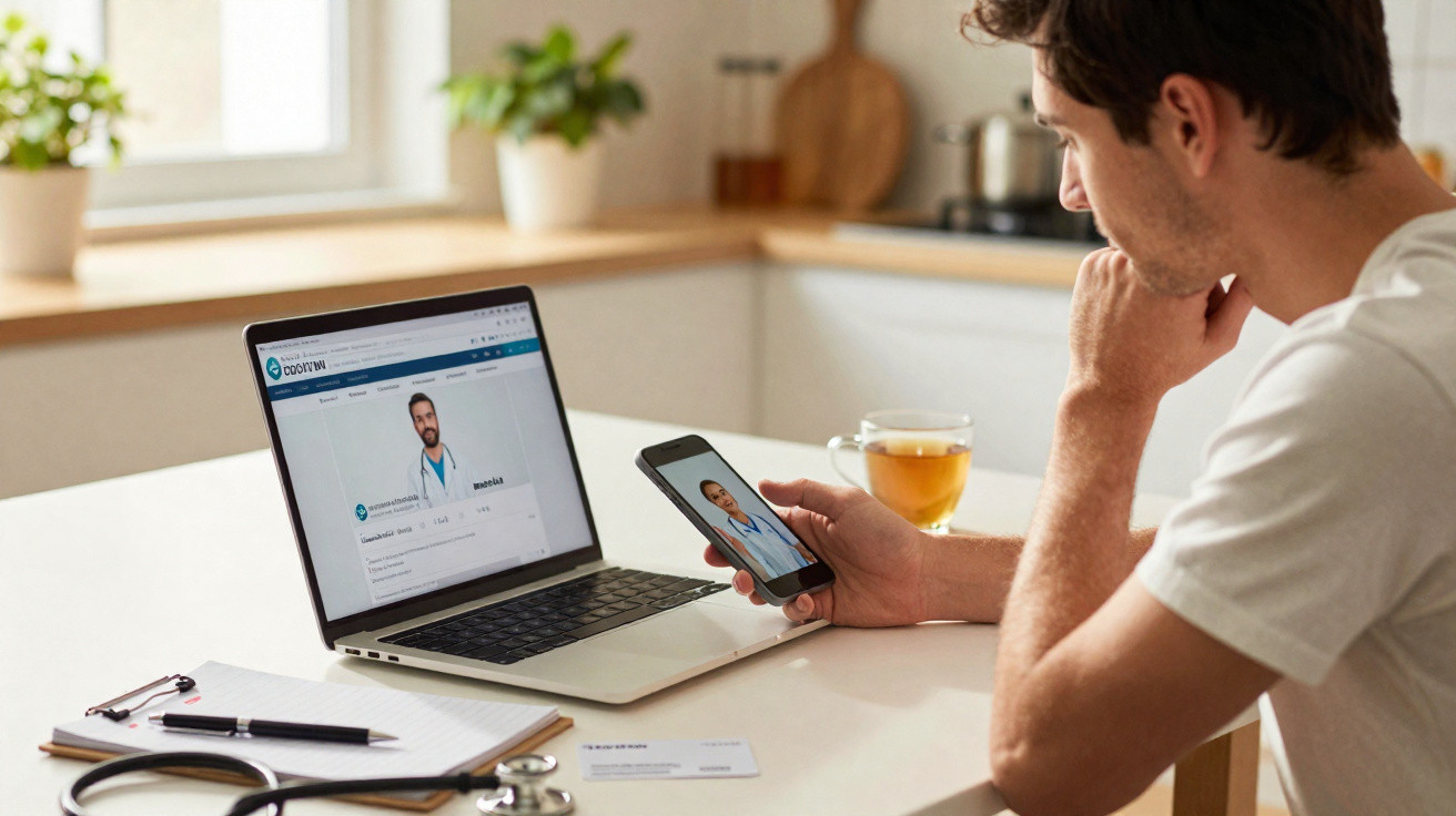 Homem consulta médico via teleconsulta no computador portátil e telemóvel numa mesa com notas e estetoscópio.
