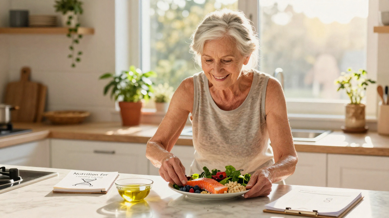 Mulher idosa a preparar prato saudável com salmão, frutas e legumes numa cozinha luminosa.