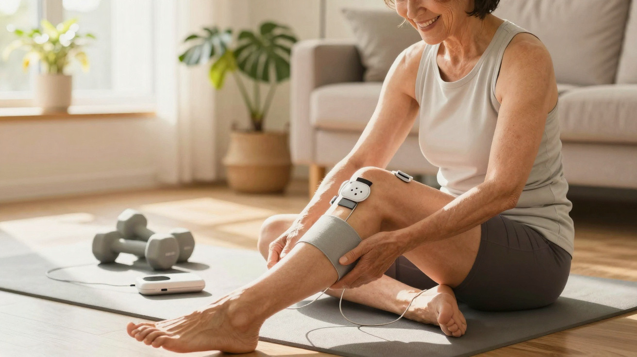 Mulher sentada no chão a usar aparelho de fisioterapia na perna, com halteres ao lado, em sala iluminada.