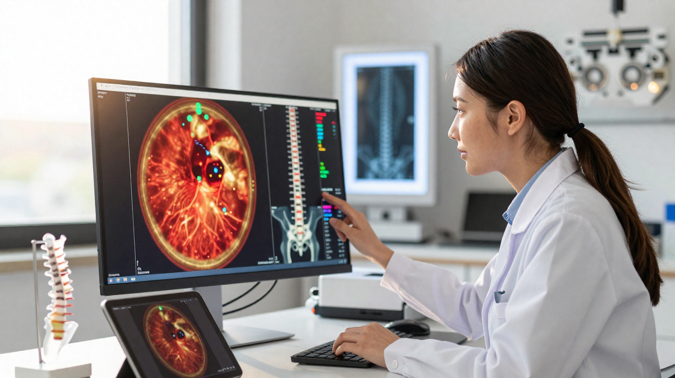 Médica em laboratório analisa exames digitais de pulmão e coluna vertebral num ecrã de computador.