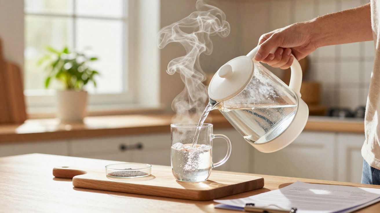Pessoa a servir água quente de jarro de vidro para chávena transparente numa cozinha iluminada.