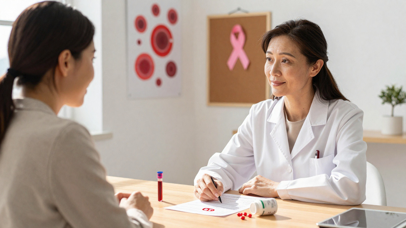 Médica a conversar com paciente numa consulta, com fita rosa e amostras de sangue sobre a mesa.