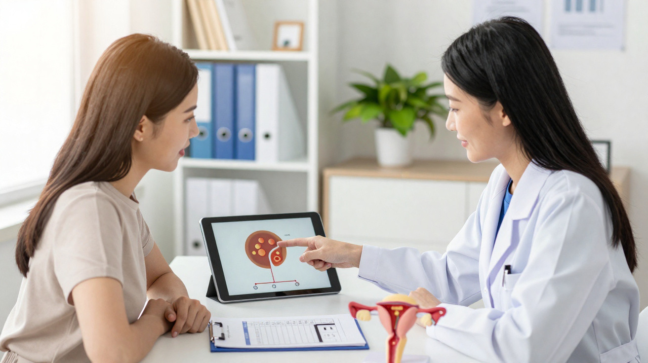 Mulher médica explica a paciente o funcionamento do útero num tablet durante consulta ginecológica.