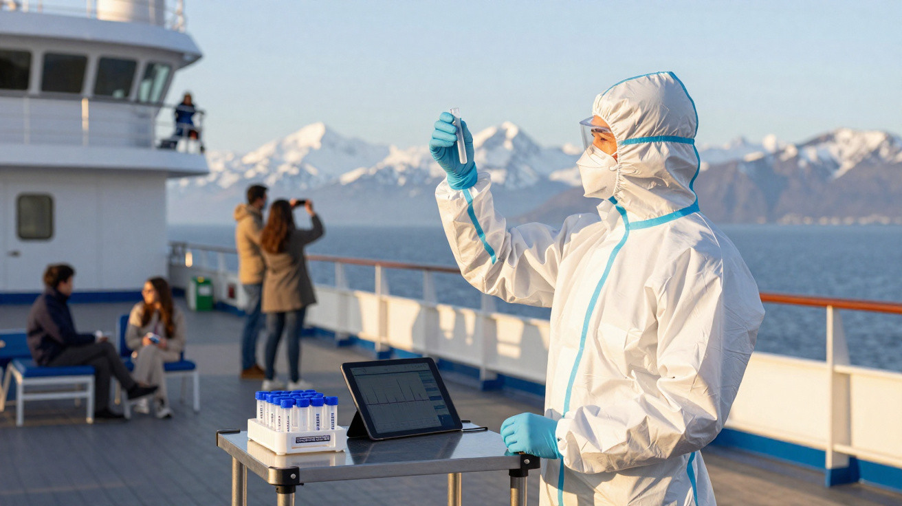 Profissional de saúde em equipamento de proteção a analisar tubo de ensaio no convés de um navio com passageiros ao fundo.