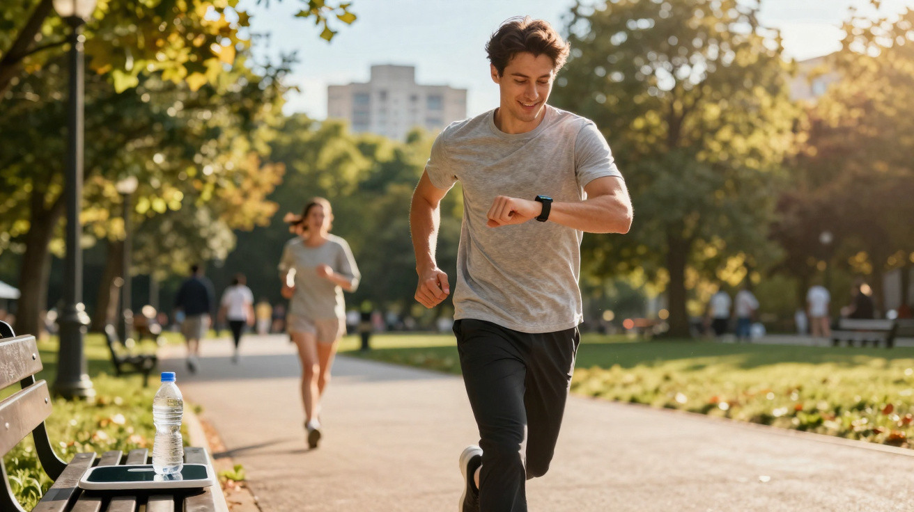 Homem a correr num parque a olhar para o relógio, com mulher a correr ao fundo num dia ensolarado.