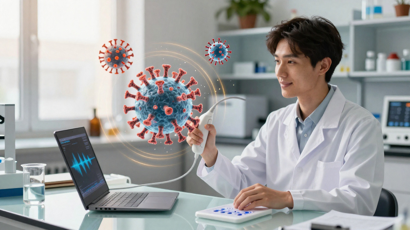 Cientista em laboratório com equipamento digital analisa imagem 3D do vírus Covid-19 no computador.