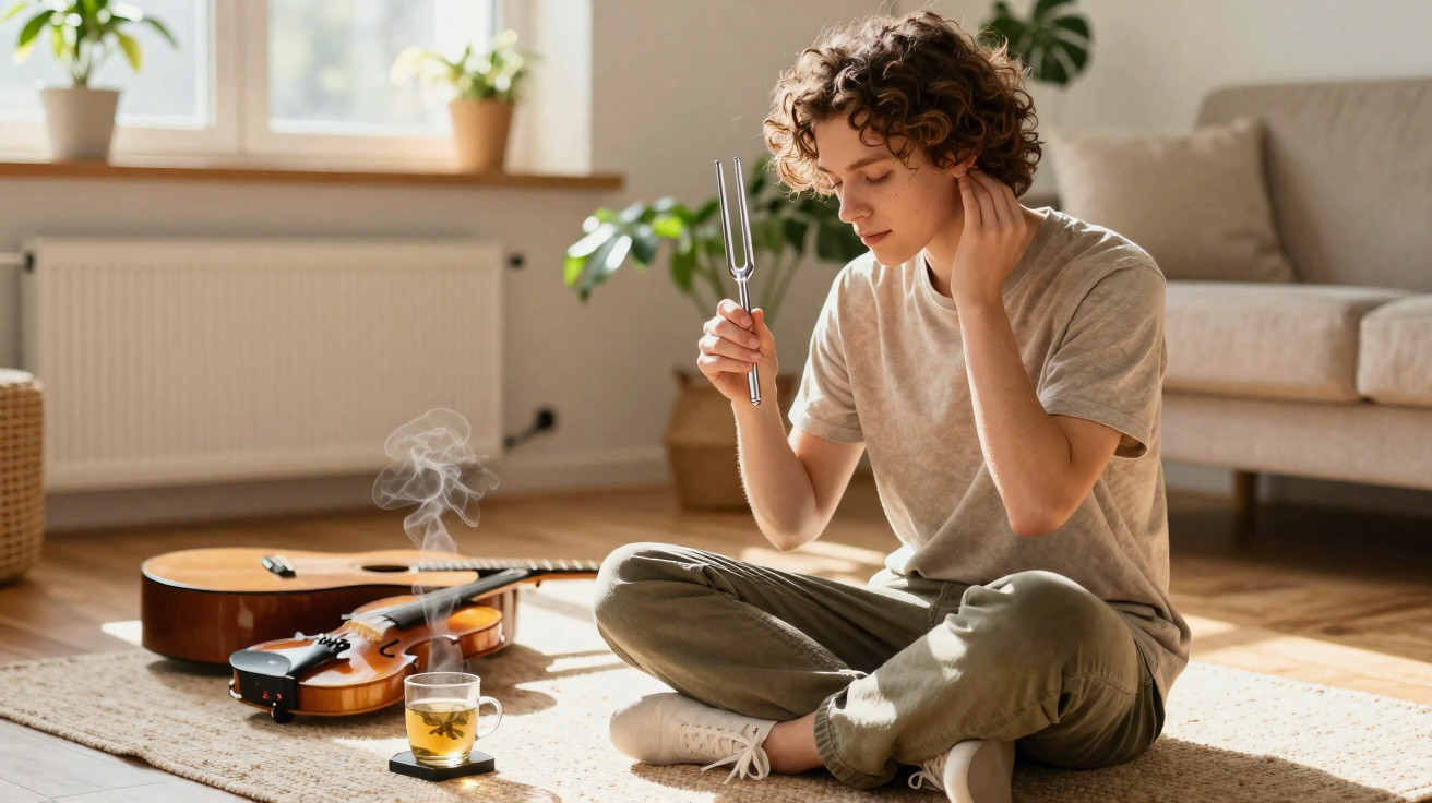 Jovem sentado no chão com violino e guitarra ao lado, segurando diapasão num ambiente iluminado e acolhedor.
