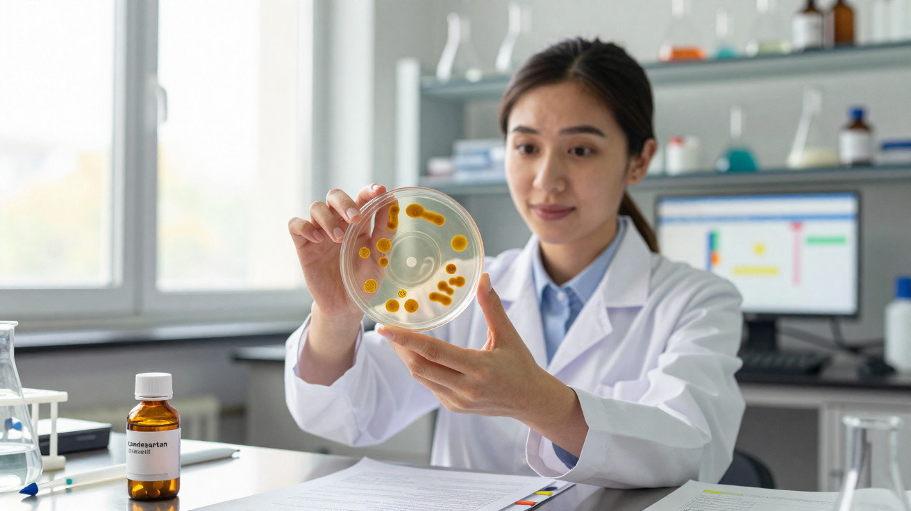 Cientista feminina observa cultura de bactérias em placa de Petri num laboratório moderno e iluminado.