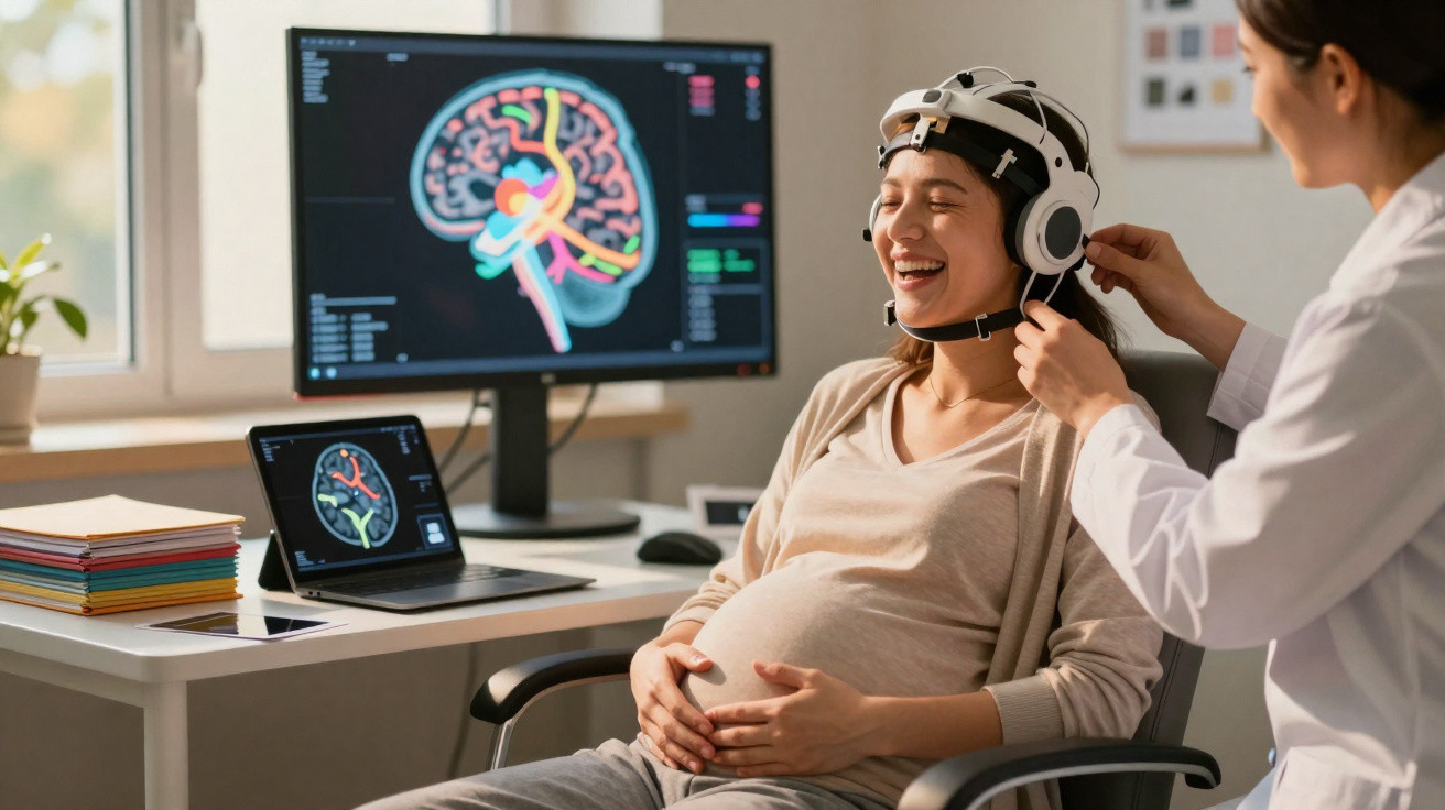 Grávida sorridente com dispositivo no capacete, assistida por médica, enquanto analisam imagens cerebrais em monitores.