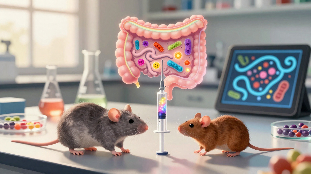 Dois ratos numa bancada de laboratório com uma seringa e uma ilustração do intestino humano com microrganismos.