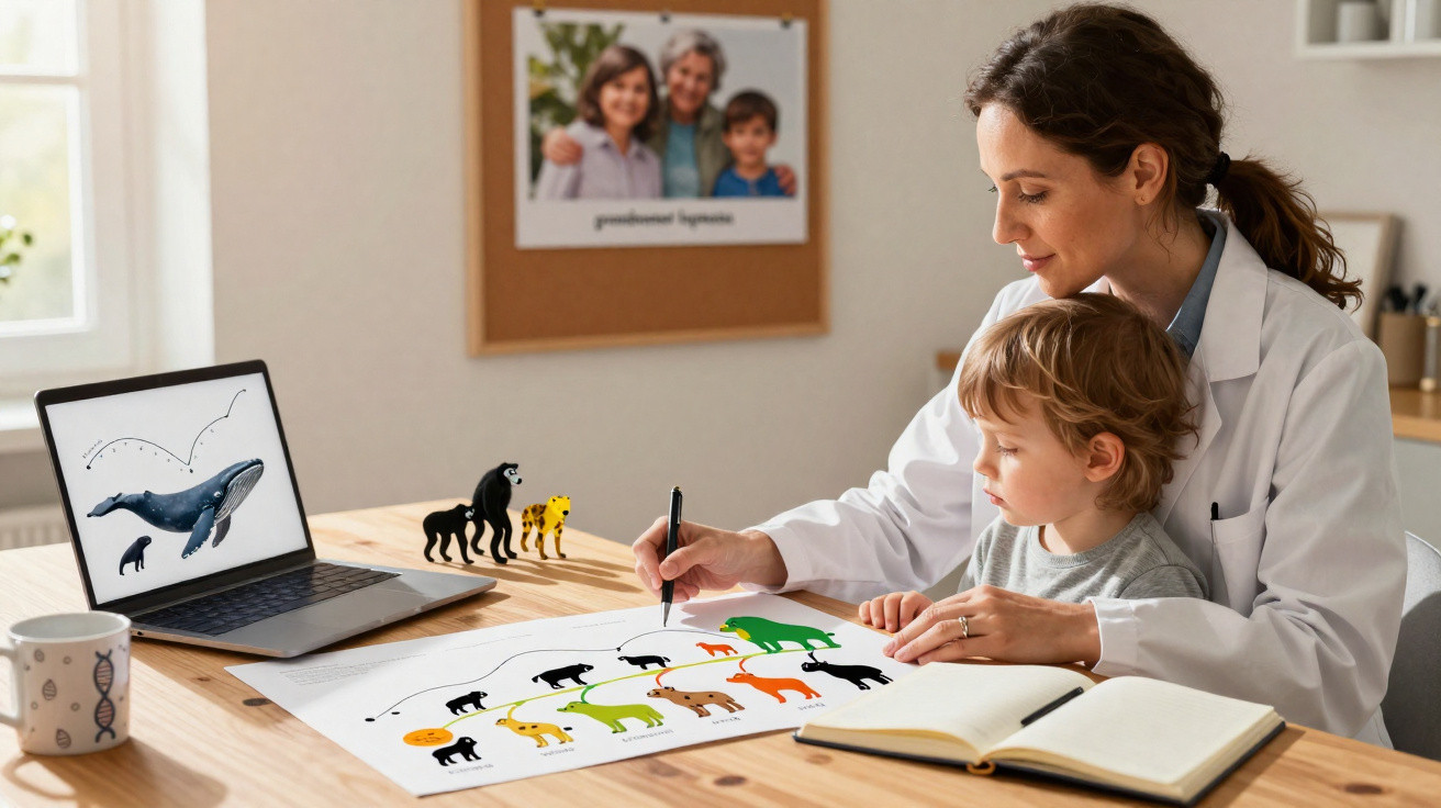 Professora a ensinar evolução das espécies a uma criança com ilustrações e figuras de animais numa mesa.