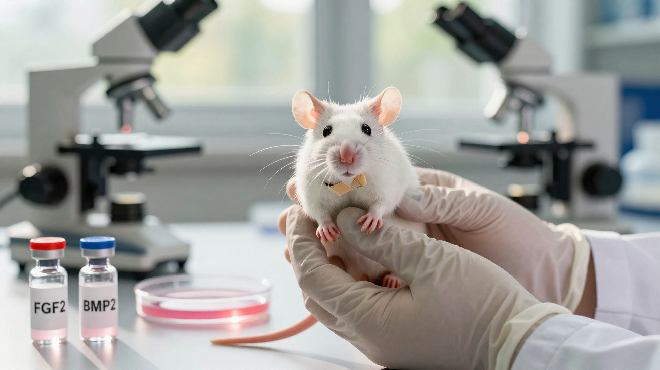 Rato branco a ser segurado por mãos com luvas numa bancada de laboratório com microscópios e frascos rotulados.