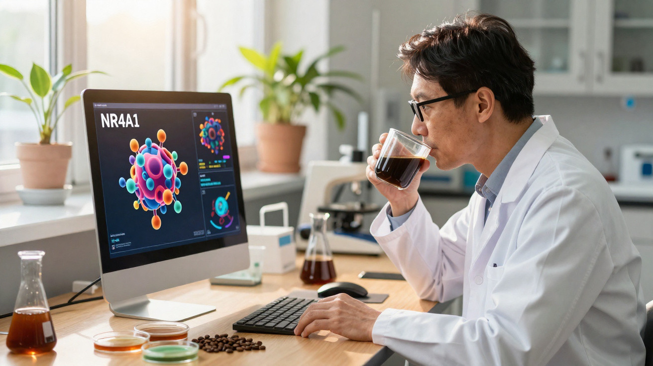 Cientista numa bancada de laboratório a beber café enquanto analisa imagem molecular no computador.