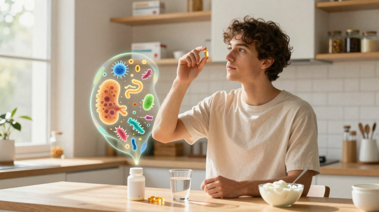 Jovem a tomar suplemento com ilustração digital de microrganismos no ar numa cozinha moderna.