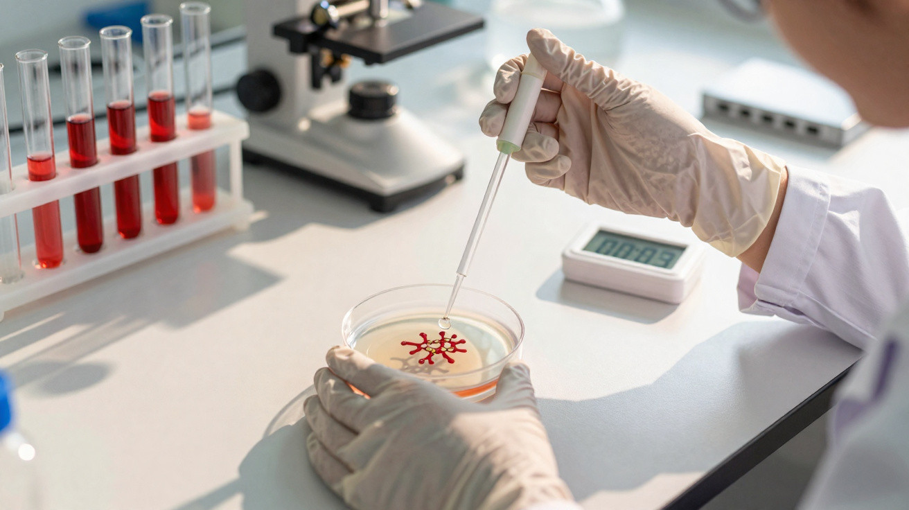 Mãos com luvas manipulam pipeta e placa de Petri num laboratório com tubos de ensaio e microscópio ao fundo.