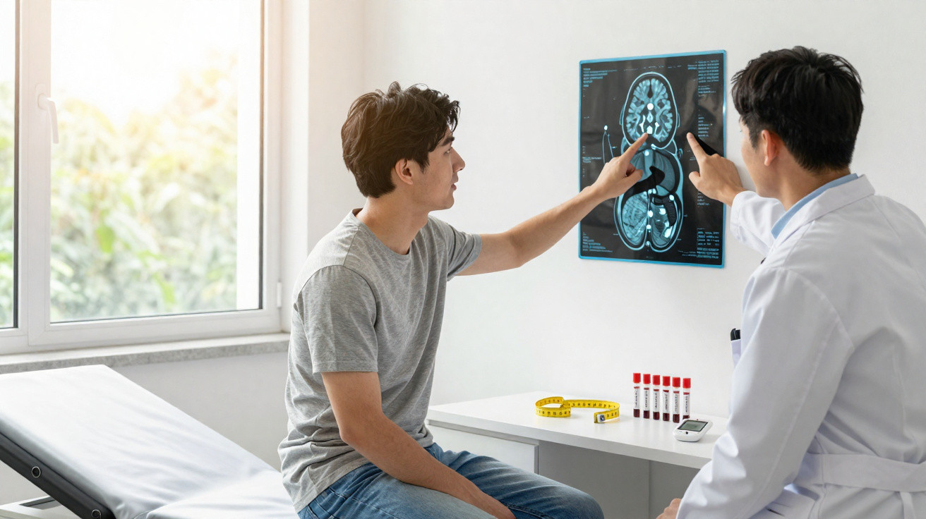 Paciente e médico analisam radiografia de rins numa consulta num consultório iluminado.