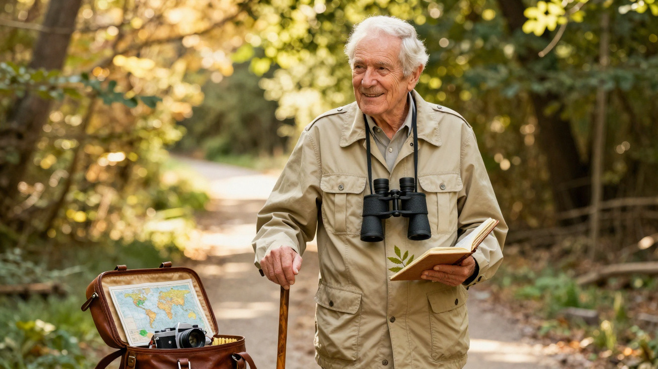 Homem idoso com binóculos e livro de plantas caminha numa floresta ao lado de mala de viagem aberta.