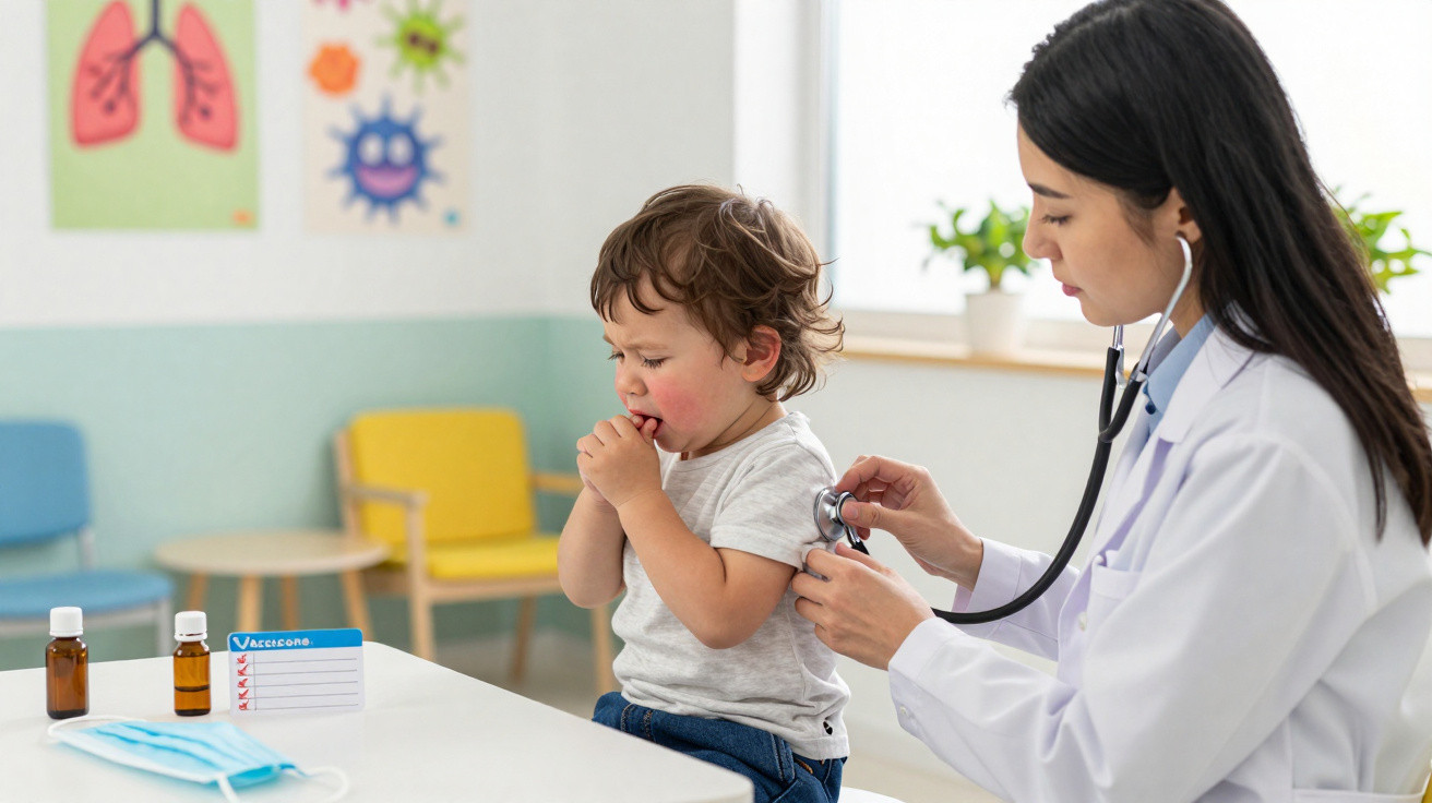 Médica examina peito de menino tossindo durante consulta numa clínica pediátrica colorida e acolhedora.