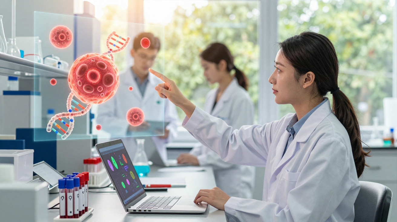 Cientista em laboratório interage com ecrã virtual que mostra vírus e hélice de ADN, com colegas ao fundo.
