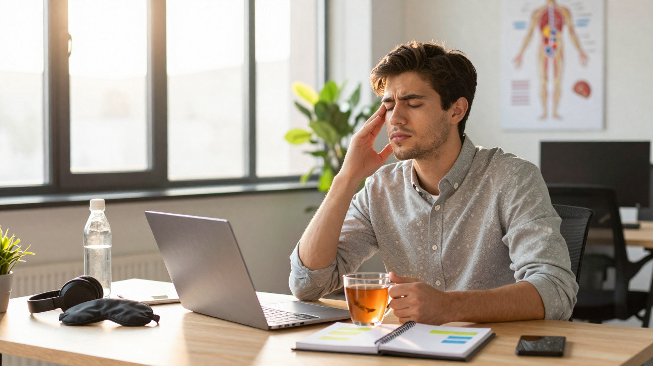 Homem sentado a trabalhar no computador, com expressão de dor de cabeça e chá na mão.