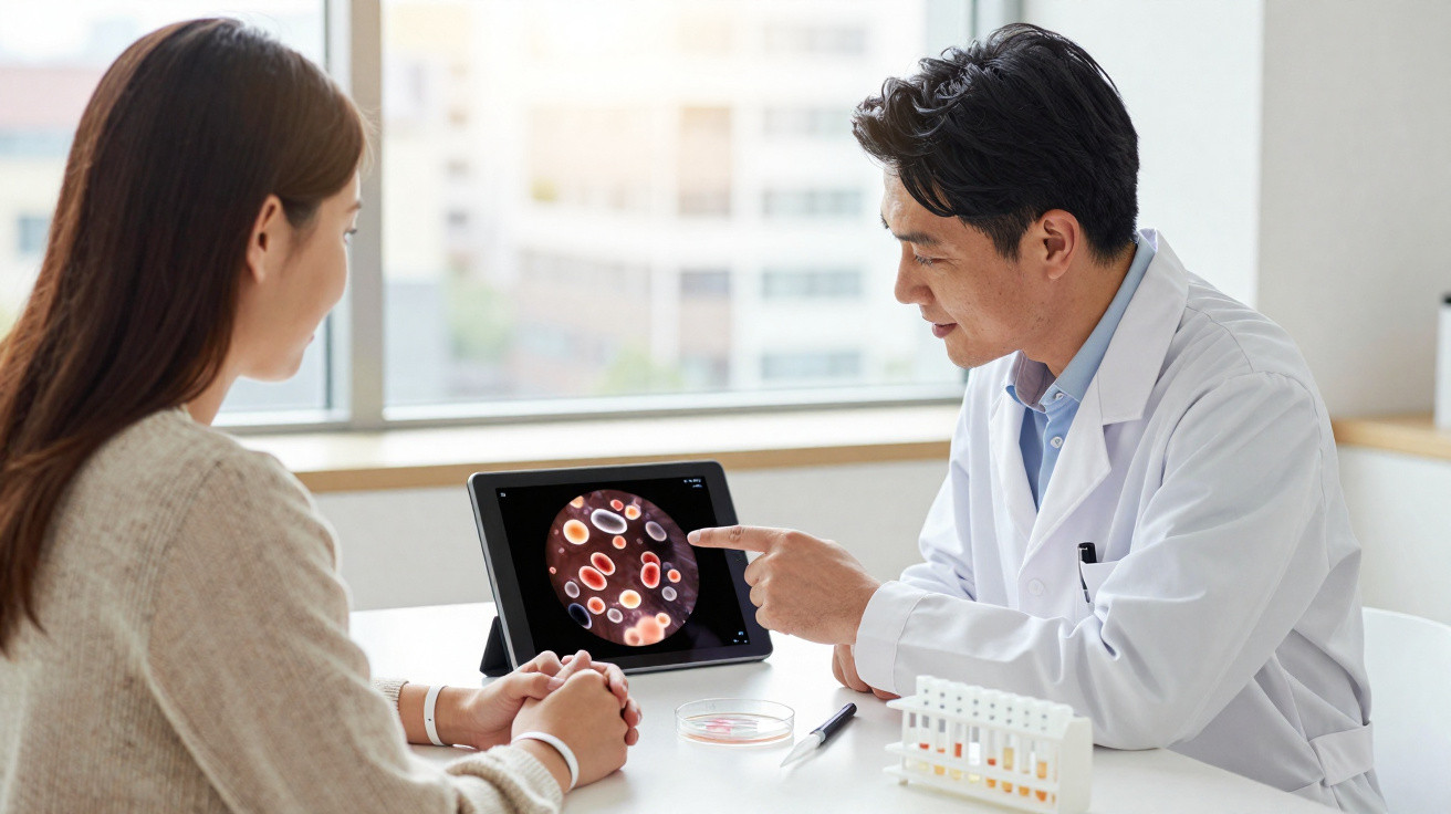 Médico a mostrar análise de células ao microfone digital a uma utente na sala de consulta.