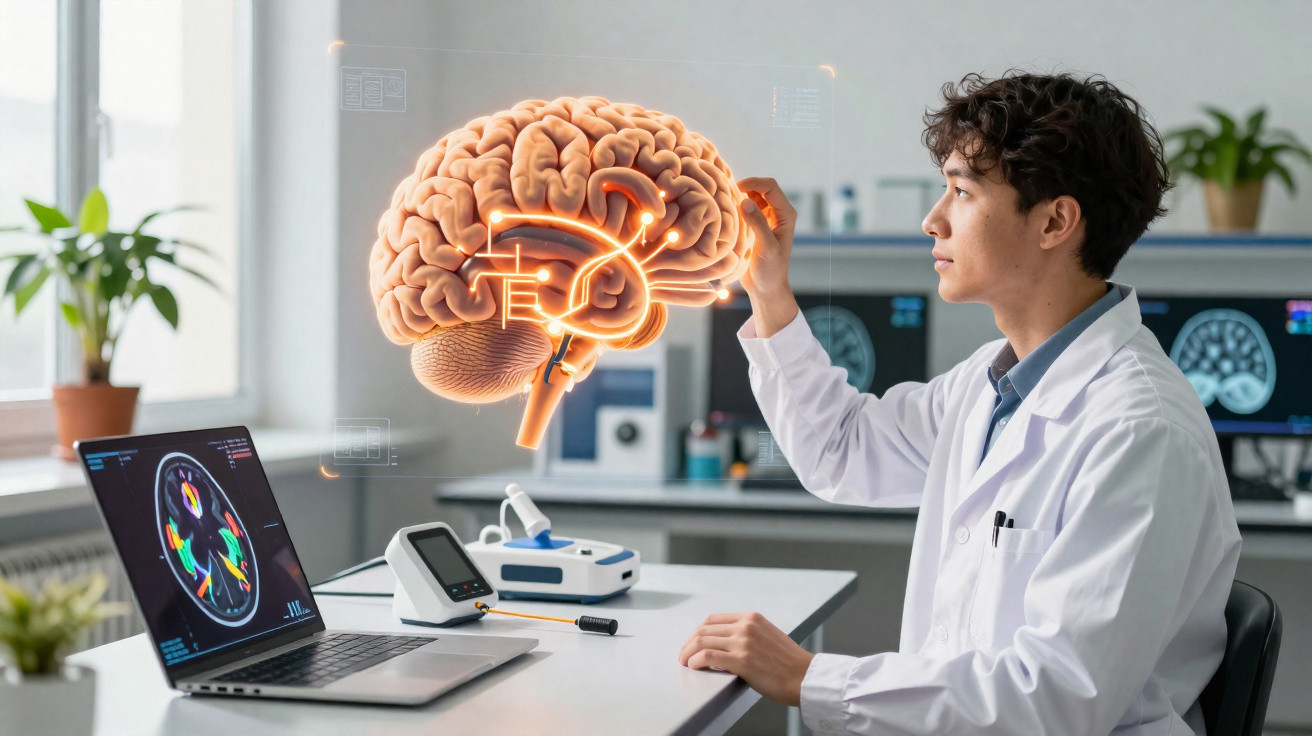 Cientista em laboratório observa holograma de cérebro humano sobre mesa com computador e equipamentos médicos.