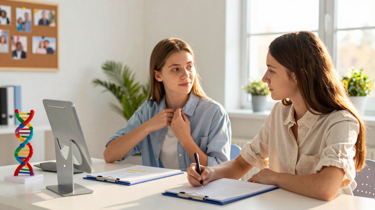 Duas mulheres jovens sentadas à mesa com documentos e modelo de DNA a discutir em ambiente luminoso e informal.